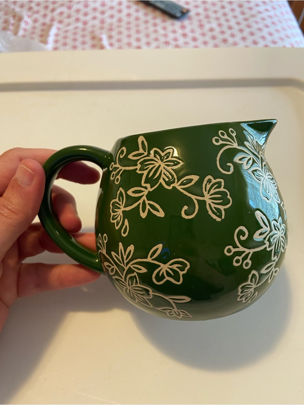 Temp-Tations Green Ceramic Floral Pitcher with White Relief